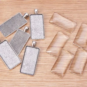 5Sets Alloy Pendant Blank Trays & Glass Cover Rectangle Antique Silver 48x21mm - Picture 1 of 8