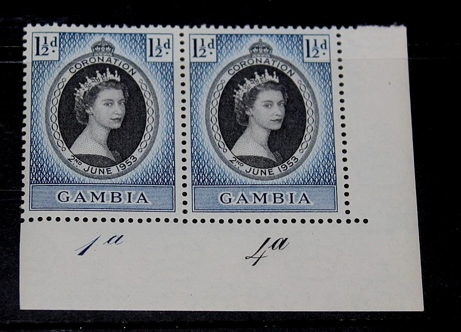 GAMBIA 1953 CORONATION ISSUE IN CNR  PLATE NO. BLOCK OF 2 FINE M/N/H - image 1 of 1