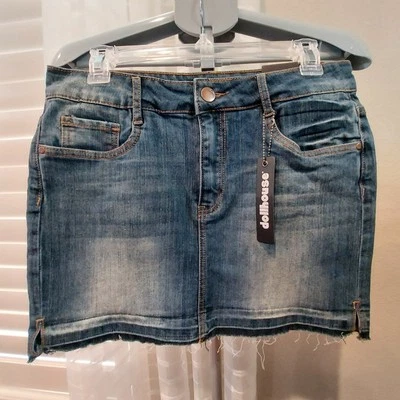 Dollhouse Mini Skirt Junior Womens Size 11 Blue Denim Stretch Frayed Hem NWT  - Image 1 of 4