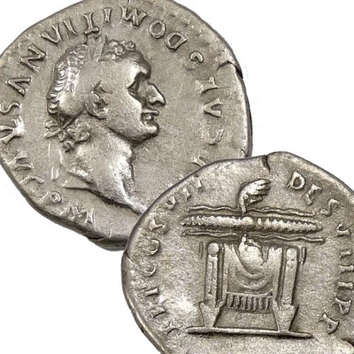 DOMITIAN. Draped Throne Chair, Thunderbolt Rare! R1 in RIC! Roman Denarius Coin - Image 1 of 4