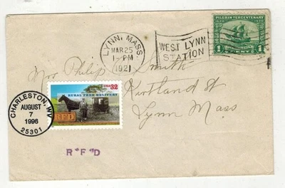 1921 LYNN MASSACHUSETTS WEST LYNN STA FLAG CANCEL DUAL #3090 RFD FDC & MAYFLOWER - Image 1 of 2