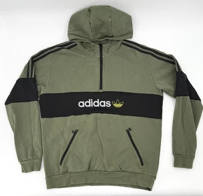 Adidas Originals Hoodie Mens Large Green Black Quarter Zip Trefoil 3-Stripes - Image 1 of 4