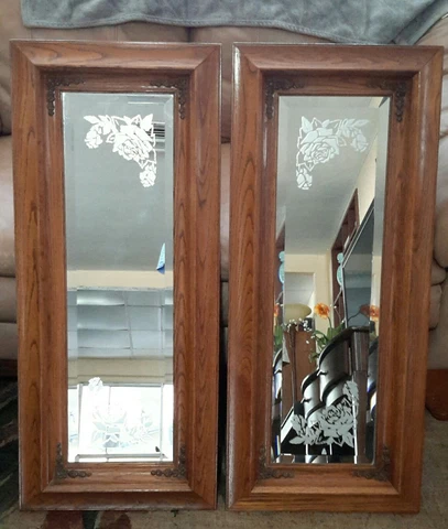 Vintage Pub Style Beveled Glass Twin Oak Mirrors Pair Elongated Floral Etched Cover
