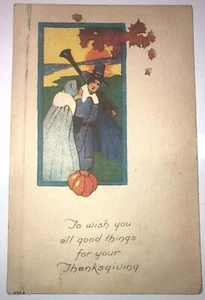 Erntedankwünsche Vintage Postkarte ~ Pilgerpaar ~ gestempelt 1922 NY - Bild 1 von 8