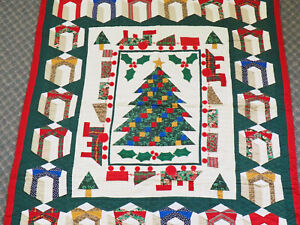 Hand stitched Christmas Quilt Wall Hanging 50”x59” Rod Pocket Train Presents /c