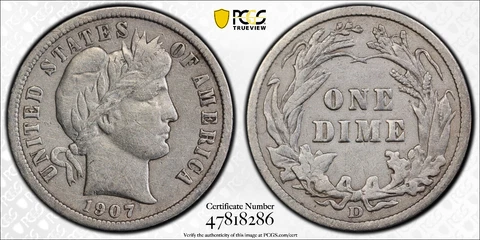 1907-D Barber Silver Dime 10c PCGS VF Detail Protected by Gold Shield & TrueView Cover