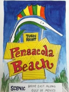 Letrero impreso DERECHO EN LA PLAYA DE PENSACOLA K C Jones Florida Marlin arte pop océano mar - Imagen 1 de 5