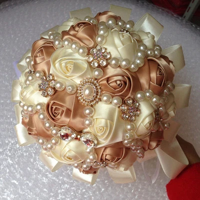 Handmade Luxury Rose Silk Pearls Rhinestone Brooch Wedding Bridal Bouquet Ivory - Image 1 of 4