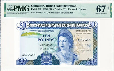 Government of Gibraltar Gibraltar  10 Pounds 1986 Prefix A PMG  67EPQ - Image 1 of 2