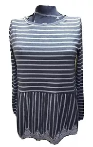 Top blusa mujer Wildflower GRIS RAYAS encaje ribete mangas largas muy suave nueva con etiquetas - Imagen 1 de 5