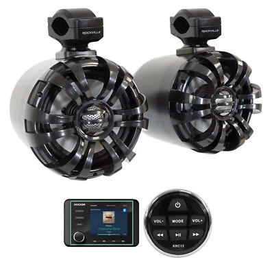 KICKER KMC5 Marine Bluetooth Receiver+Remote+(2) 6.5" Black Tower Speakers - Image 1 of 4