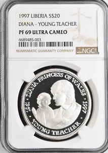 1997 LIBERIA SILVER 20 DOLLARS DIANA - YOUNG TEACHER - NGC PF 69 ULTRA CAMEO - Picture 1 of 2