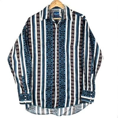 Wrangler Western Shirt Mens Sz L Blue Southwestern Print Pearl Snap Rodeo Cowboy - Image 1 of 4