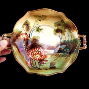 Noritake Bowl Made in Japan Hand Painted 6 Sided Hexagon 2 Handled Scenic - Picture 1 of 10