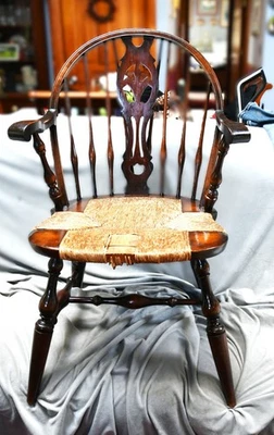 Antique Splat Back Rush Seat Windsor Arm Chair Maker R - Image 1 of 4