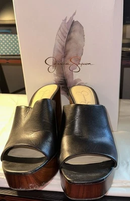 Jessica Simpson Shantelle Cuero Negro Marrón Cuña Tacón Alto Slides talla 9M  Foto 1 de 4