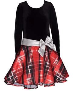 Vestido Bonnie Jean Niñas Grandes Manga Larga Terciopelo Corpiño con Falda a Cuadros - Negro S - Imagen 1 de 3