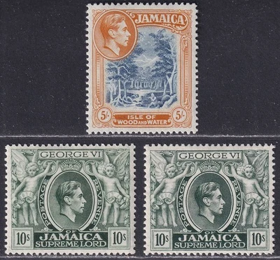 Jamaica 1949-50 Rey Jorge VI 5sh, 10sh x 2 Perf 13 Como Nuevo SG132b-133aa gato £50 Foto 1 de 2