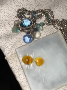 BLUE SAPPHIRE & DROPS CRYSTAL AQUAMARINE STERLING ROLO CHAIN LAVALIERE NECKLACE - Picture 1 of 16