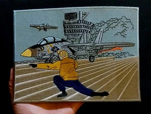 NAVY F-14 Fighter Jet TOMCAT on Aircraft Carrier LARGE Embroidered Iron On PATCH - Picture 1 of 6