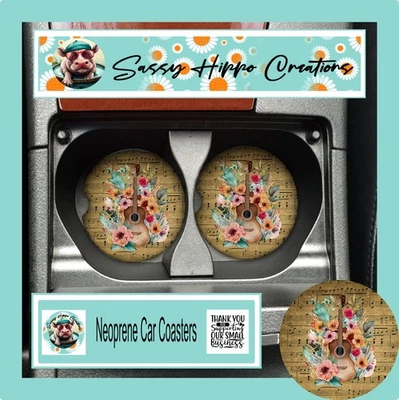 Car Coasters Sheet Music Flowers Guitar Musical Set of 2 Neoprene Absorbent - Image 1 of 4