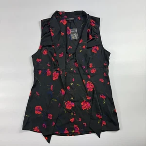 Blusa Express Top Mujer Mediana Negra Roja Floral Pajarita Sin Mangas Abotonada - Imagen 1 de 5