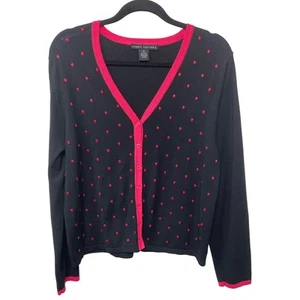 Larry Levine Embroidered Polka Dot Cardigan Sweater Black Pink XL Twee Cute Gran - Picture 1 of 8