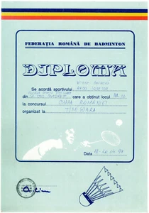 Rumania, 1997, diploma de la Federación Rumana de Bádminton - Imagen 1 de 1