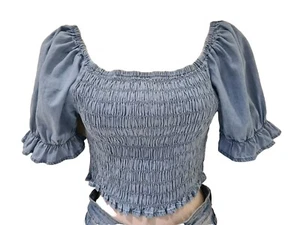 Neu QED Damen Denim Top blau cropped kurze Puffärmel Stretch Baumwolle UK 10-14 - Bild 1 von 12