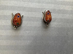 Zuni Corn Stud Earrings T E B.Z ~ Silver, carved and inlaid Red Spiny ~ .75 inch - Picture 1 of 3