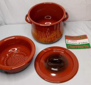 Vintage Orange Enamel Spaghetti Pot, Lid, Strainer, Steamer Boiler Pasta NEW - Picture 1 of 18
