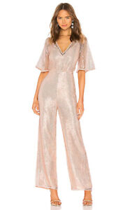 NBD x Naven Camilla Jumpsuit in Peach Blush Sequin Lace V-neck