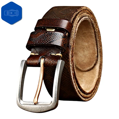 Cinturón marrón de cuero genuino con hebilla de cintura con patrón de piel de serpiente de lujo para hombre Foto 1 de 4