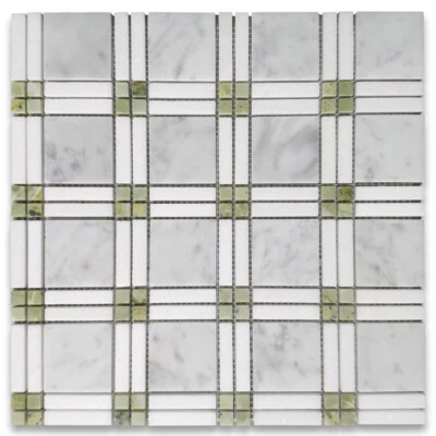 C262XH Carrara Blanco Mármol Cuadros Tartán Mosaico Azulejo Verde Jade Thassos Pulido Foto 1 de 4