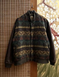Vintage Woolrich Southwest Aztec Native Wool Leather Letterman Varsity Jacket L - Picture 1 of 16