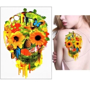Temporäres Tattoo Totenkopf Blume Bunt Tropen Design Klebetattoo Körperkunt - Bild 1 von 3