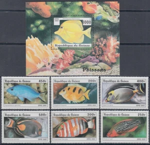 GUINEA Sc# 1403-9 CPL JUEGO DE 6 y HOJA DE RECUERDO de PECES TROPICALES - Imagen 1 de 1
