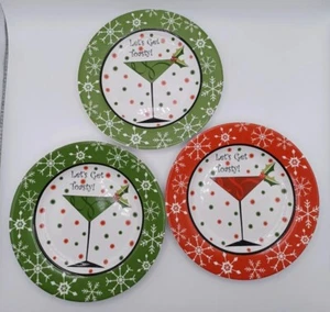 222 Fifth LETS GET TOASTY Set of 3 Green Red Christmas Dessert Appetizer Dishes - Picture 1 of 6