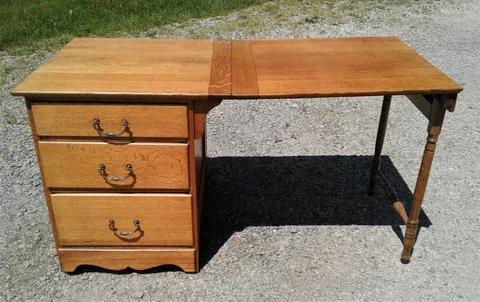 Antique Quarter Sawn Oak Sewing Table Desk Larkin Soap Co Drop Leaf 3 Drawers Cover
