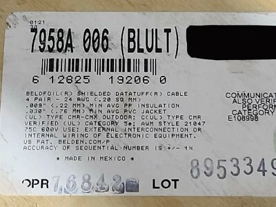 Belden 7958A 24/4P CAT5e F/UTP DataTuff Bonded Network Cable CMX/CMR Blue /50ft - Image 1 of 4