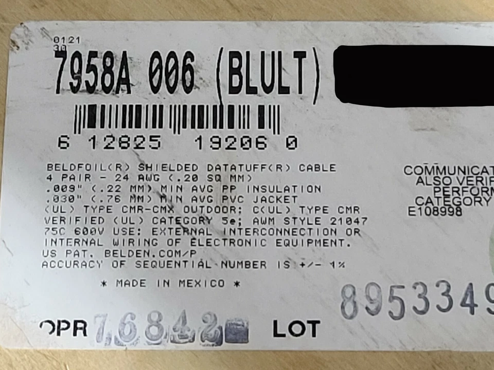 500' Belden 7958A 24 AWG 4p Cat 5e DATATUFF 600v AWM Rated Twisted Pair Cable