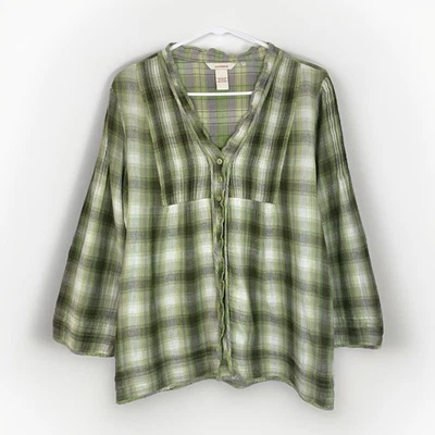 Blusa Sundance Peasant Babydoll a Cuadros Botón Frontal 100% Algodón Top Verde Grande Foto 1 de 4