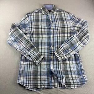 Hickey Freeman Linen Shirt Mens S Blue Plaid Long Sleeve Button Up Preppy Casual - Picture 1 of 6