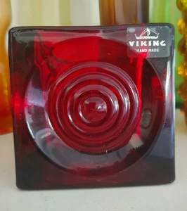 Vintage VIKING Ruby Red Glass Bullseye Cube Candle holder GLIMMER 3 1/2” Square - Picture 1 of 2
