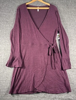 Xhilaration Long Sleeve Ribbed Sweater Knit Faux Wrap Dress Burgundy Size L - Image 1 of 4