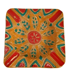 Italian Glazed Pottery Square Candle Holder Plate Abstract Art Colorful 10" Deco - Picture 1 of 10