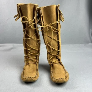 Women's MINNETONKA Front Lace Knee High Moccasin Leather Boots Sz 10 Hippie 1321 - Picture 1 of 7
