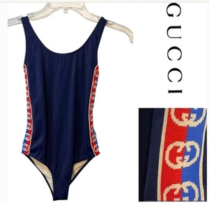 Gucci kids swimsuit 12 blue red youth girls GG one piece bathing logo guccisimo - Picture 1 of 7