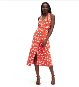 DVF Collared Sleeveless Ginkgo Cherry Tomato Sweaterknit Midi Wrap Dress XXS - Picture 1 of 6