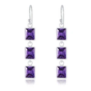 925 Sterling Silver Purple CZ Zirconia Triple Rectangle Drop Dangle Earrings - Picture 1 of 2